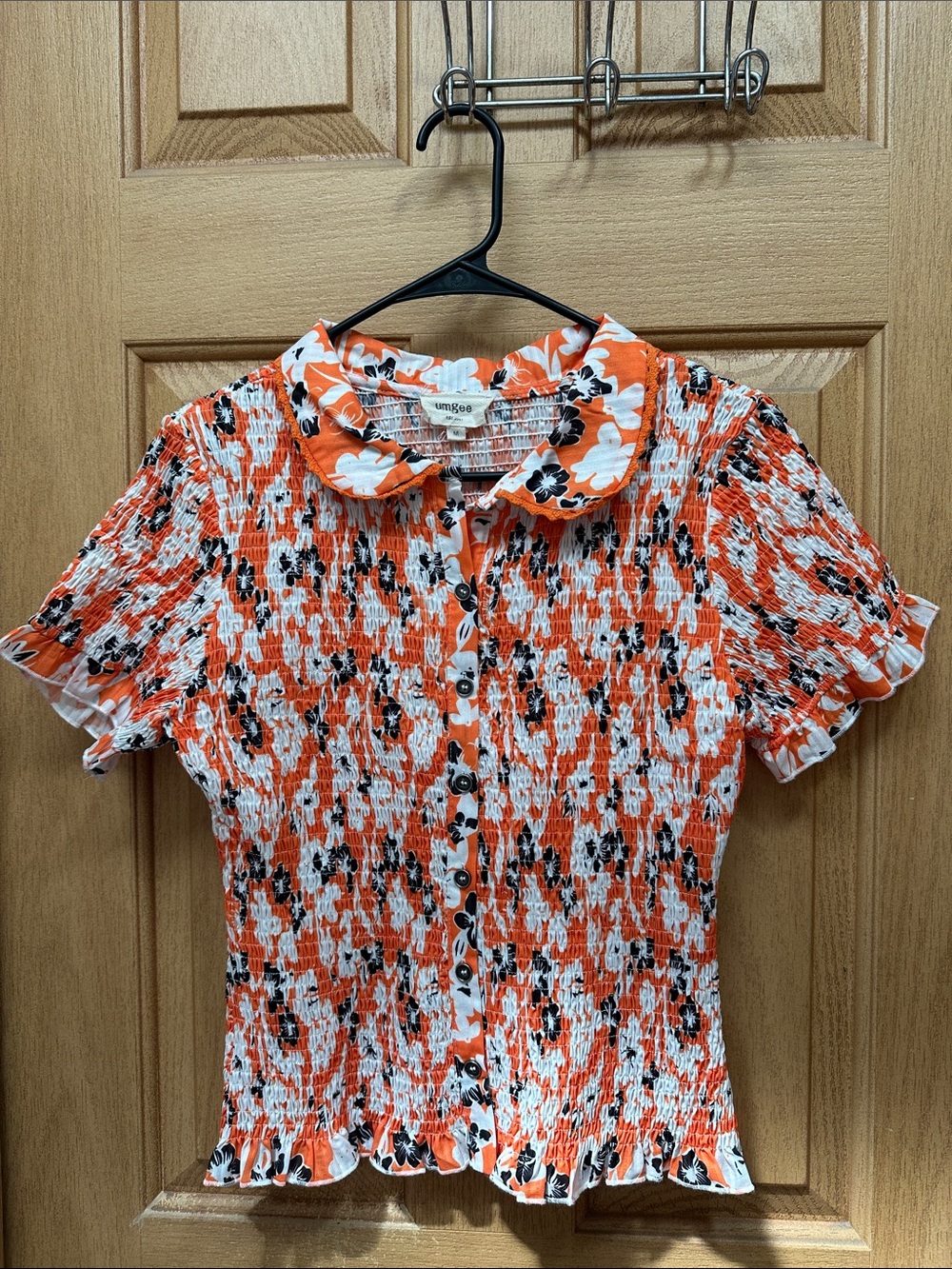 Orange White and Black Floral Smocked Button Front Top